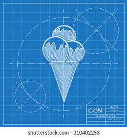 Vector blueprint ice-cream icon . Engineer and architect background. 
