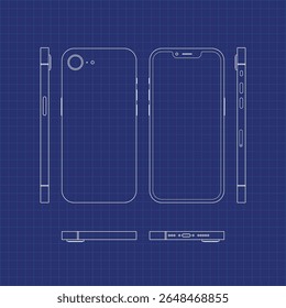 Vector blueprint illustration of a modern smartphone showing front, back, side, and bottom views. Technical line drawing on a grid background, ideal for presentations, mockups, manuals