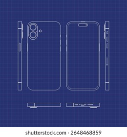 Vector blueprint illustration of a modern smartphone showing front, back, side, and bottom views. Technical line drawing on a grid background, ideal for presentations, mockups, manuals, and industrial