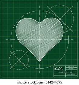 Vector blueprint isolate game heart icon. Engineer and architect background. 