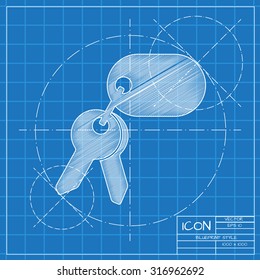 Vector blueprint keys icon on engineer or architect background.  