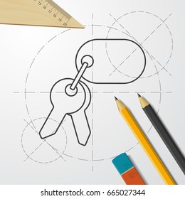 Vector blueprint keys icon on engineer and architect background