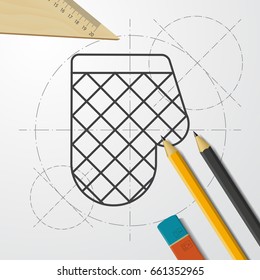Vector blueprint kitchen glove and potholder on engineer and architect background 