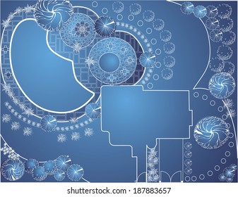 Vector blueprint of landscape architectural project, garden plan with tree symbol