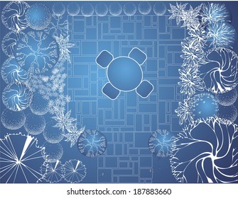 Vector blueprint of landscape architectural project, garden plan with tree symbol