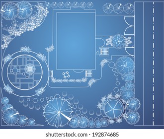 Vector Blueprint Of Landscape Architectural Project, Garden Plan With Tree Symbols