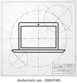 Vector blueprint of laptop icon on engineer or architect background 