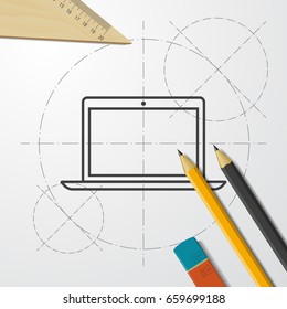 Vector blueprint laptop icon on engineer and architect background 