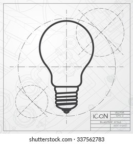 Vector blueprint of lightbulb icon on engineer or architect background 