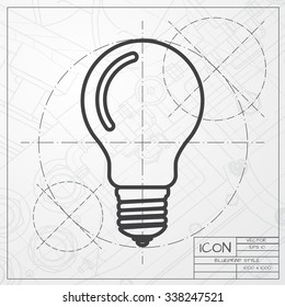 Vector blueprint of lightbulb icon on engineer or architect background 