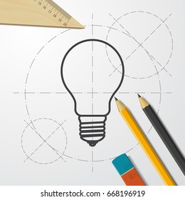 Vector blueprint lightbulb icon on engineer and architect background 