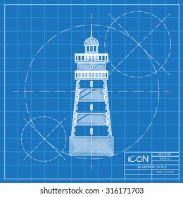 Vector blueprint lighthouse icon on engineer or architect background.  