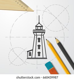Vector blueprint lighthouse icon on engineer and architect background 