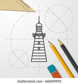 Vector blueprint lighthouse icon on engineer and architect background 