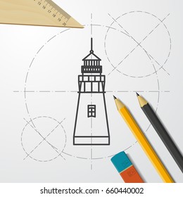 Vector blueprint lighthouse icon on engineer and architect background