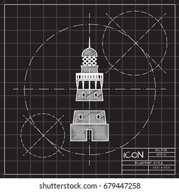 Vector blueprint lighthouse icon on engineer and architect background 