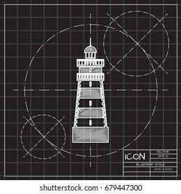 Vector blueprint lighthouse icon on engineer and architect background 