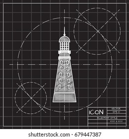 Vector blueprint lighthouse icon on engineer and architect background 