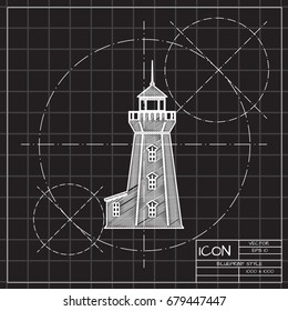Vector blueprint lighthouse icon on engineer and architect background 