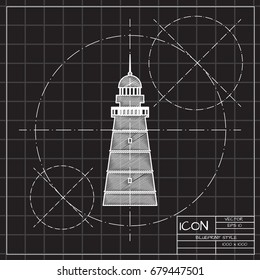 Vector blueprint lighthouse icon on engineer and architect background 