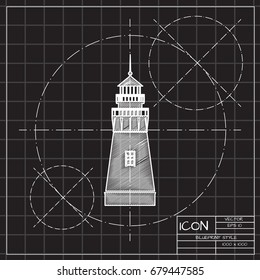 Vector blueprint lighthouse icon on engineer and architect background 