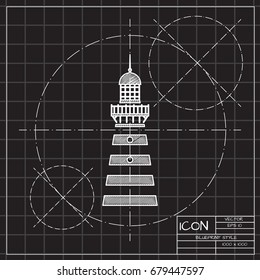 Vector blueprint lighthouse icon on engineer and architect background 