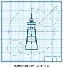 Vector blueprint lighthouse icon on engineer and architect background 