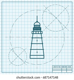 Vector blueprint lighthouse icon on engineer and architect background 