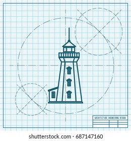 Vector blueprint lighthouse icon on engineer and architect background 