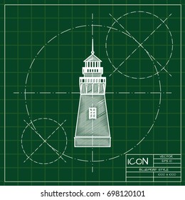 Vector blueprint lighthouse icon on engineer and architect background  