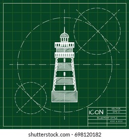 Vector blueprint lighthouse icon on engineer and architect background  