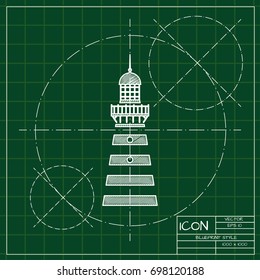 Vector blueprint lighthouse icon on engineer and architect background  