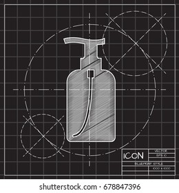 Vector blueprint liquid soap bottle on engineer and architect background . Cosmetic icon 