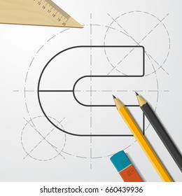 Vector blueprint magnet icon on engineer and architect background 