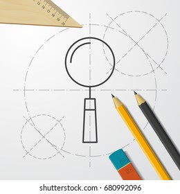 Vector blueprint magnify icon on engineer and architect background. Business collection 