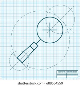Vector blueprint magnify plus icon on engineer and architect background. Business collection 