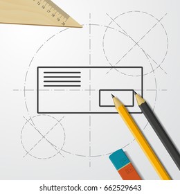Vector blueprint mail envelope icon on engineer and architect background 