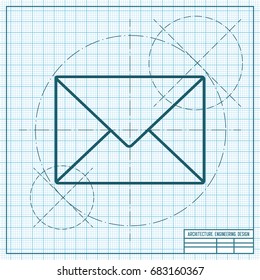 Vector blueprint mail icon on engineer and architect background 