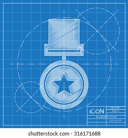 Vector blueprint medal icon on engineer or architect background.  . Winner award 