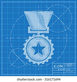 Vector blueprint medal icon on engineer or architect background.  . Winner award 