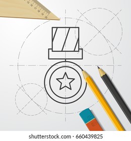 Vector blueprint medal icon on engineer and architect background . Winner award 
