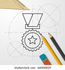 Vector blueprint medal icon on engineer and architect background . Winner award 