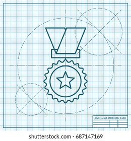 Vector blueprint medal icon on engineer and architect background . Winner award 