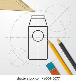 Vector blueprint milk bottle icon on engineer and architect background 