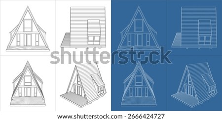 Vector blueprint of modern A-frame cabin house illustration