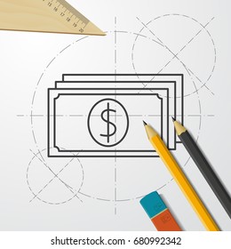 Vector blueprint money icon on engineer and architect background. Business collection 