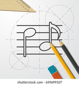 Vector blueprint music icon on engineer and architect background 