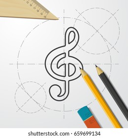 Vector blueprint music icon on engineer and architect background 