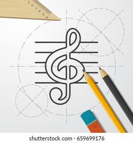 Vector blueprint music icon on engineer and architect background 