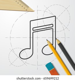 Vector blueprint music icon on engineer and architect background 